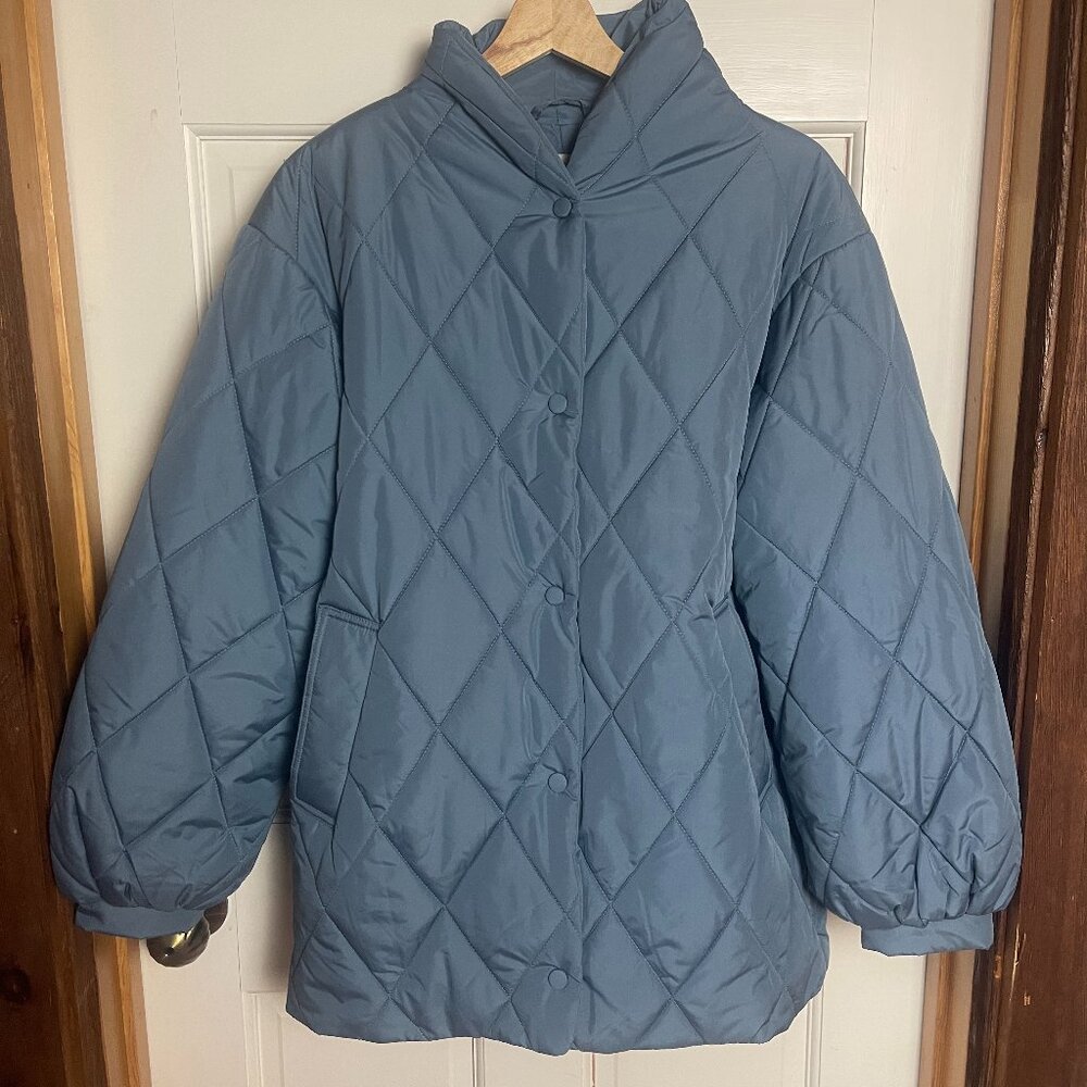 Blue ICHI Button-Up Puffer Coat - Small